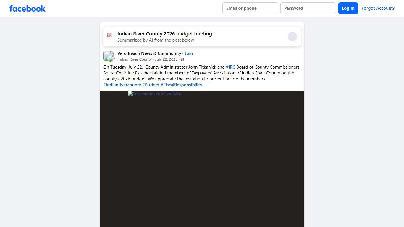 Vero Beach News & Community On Tuesday, July 22, County Administrator John Titkanick and #IRC Board of County Commissioners Board Chair Joe Flescher briefed members of Taxpayers... Facebook